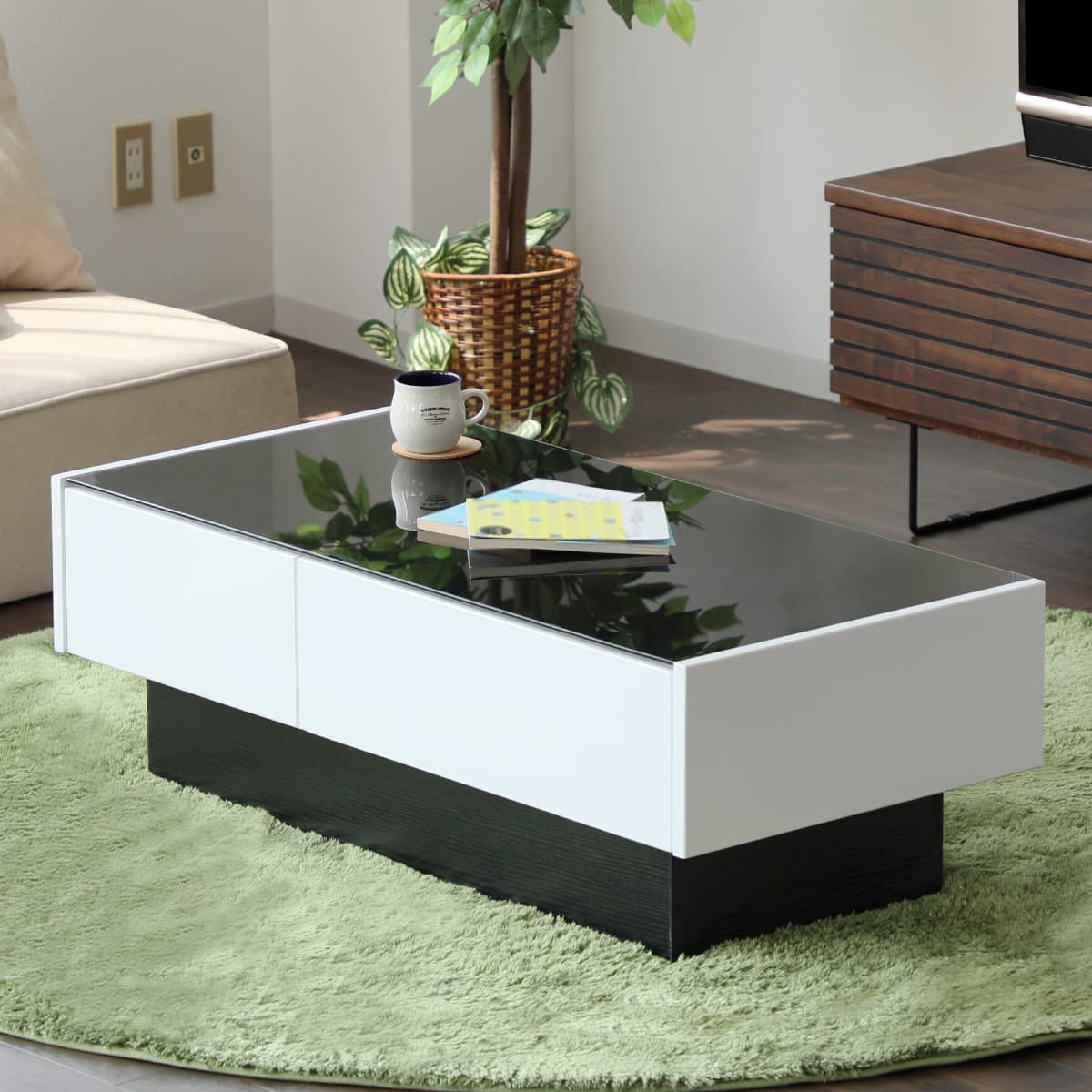 ガラス天板センターテーブル 引き出し付き (エナメル塗装 WH) | ニトリ