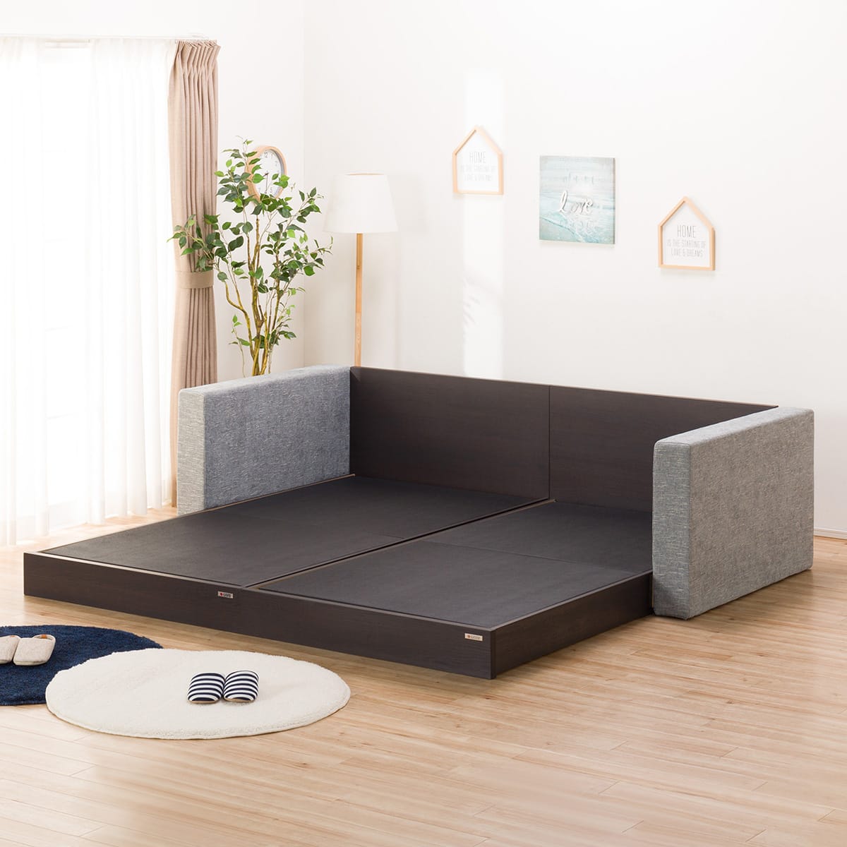 シングルフロアベッド2台セット+クッションキャビネット2個(グレー