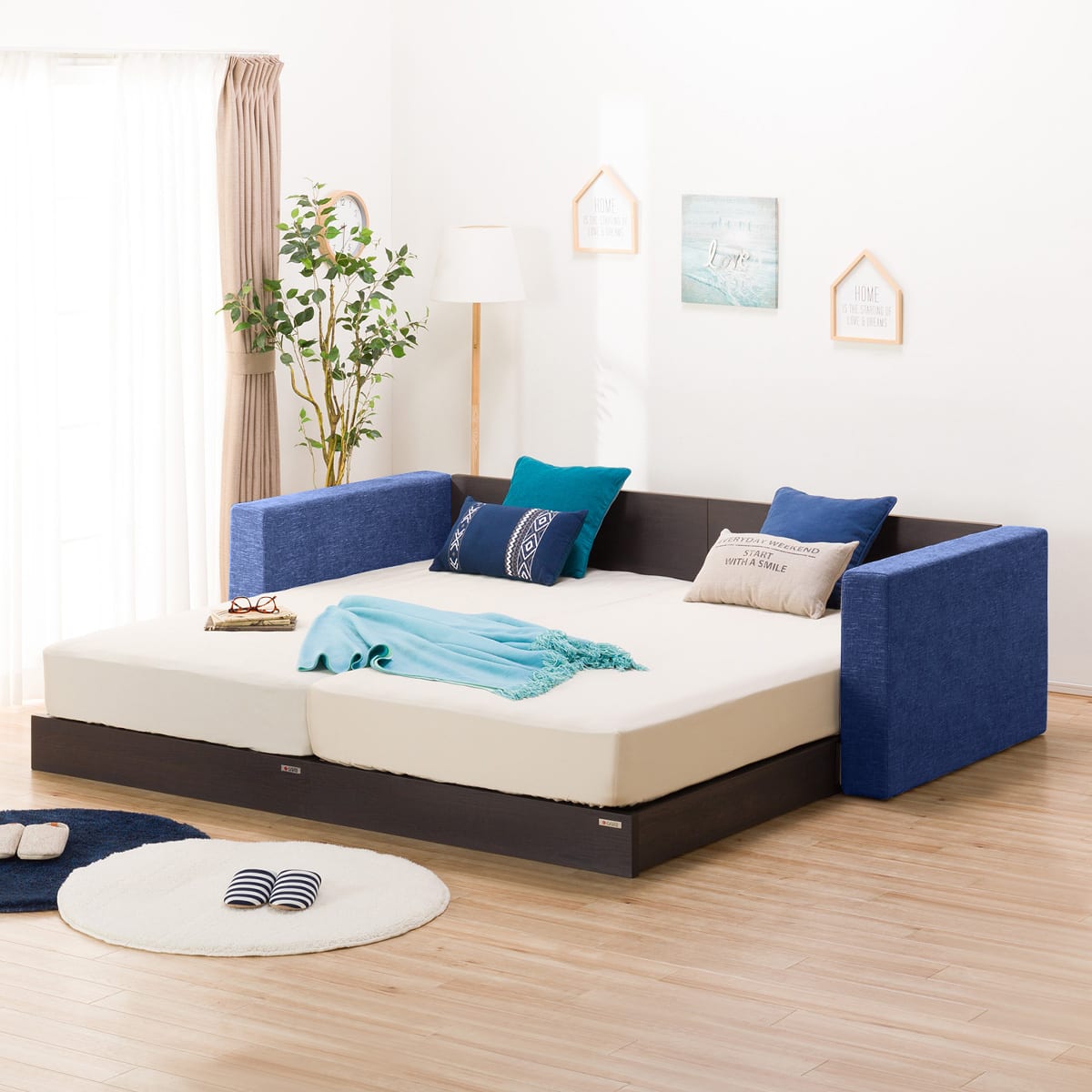 シングルフロアベッド2台セット+クッションキャビネット2個(ネイビー