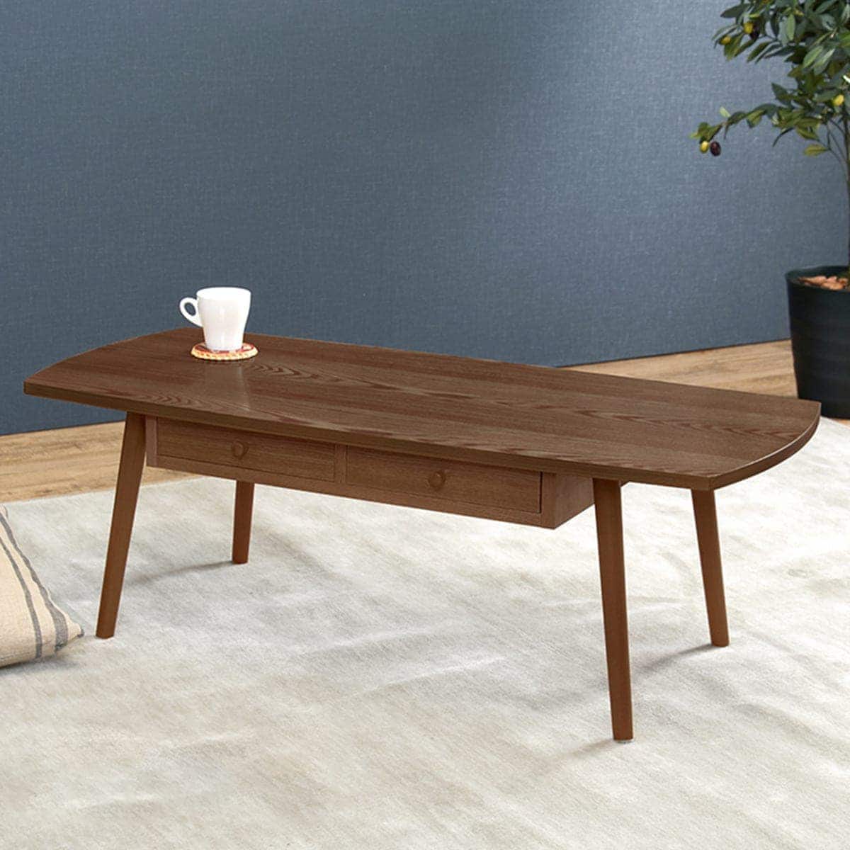 両サイドがまるいセンターテーブル 引き出し2個付き 幅110cm (BR