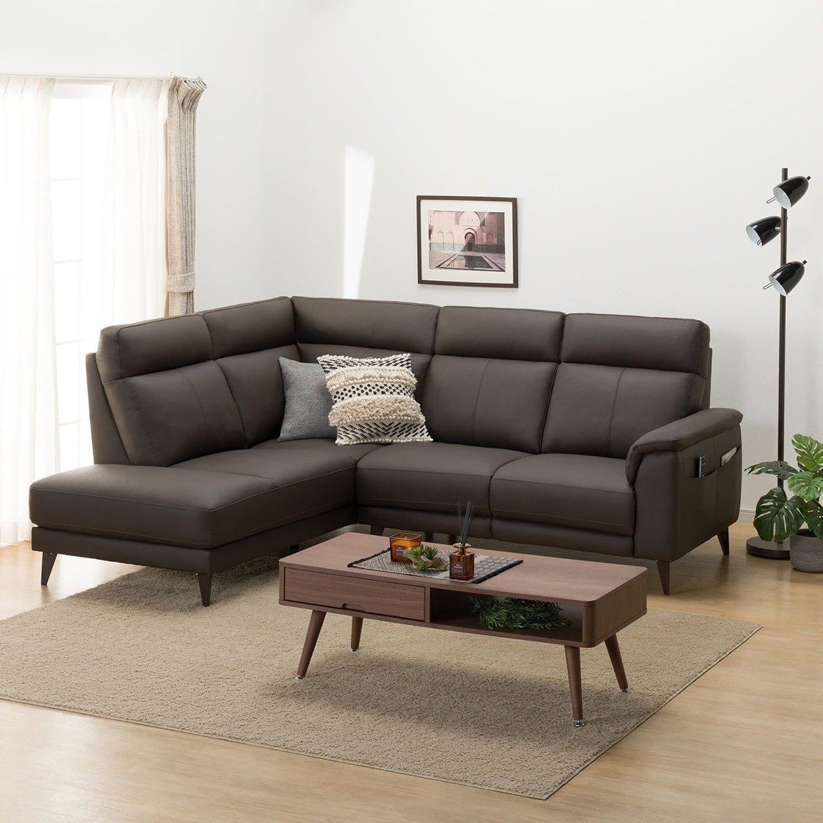 コーナーソファ 本革(一部合成皮革)タイプ(LB07 右コーナー DBR