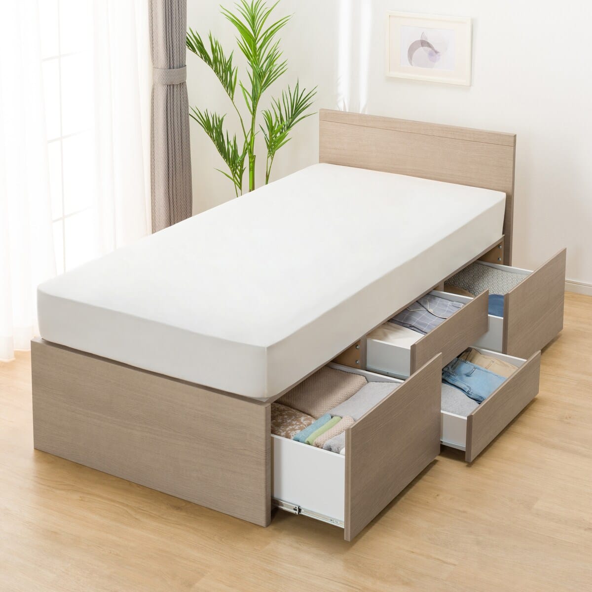 大容量収納付き】すのこチェストベッドフレーム(シングル N-ジオF GW