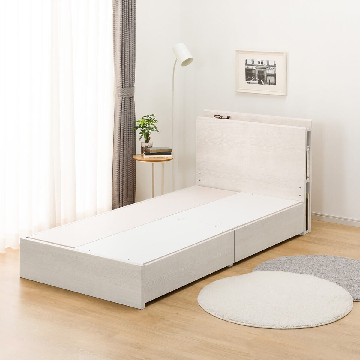 シングル 棚・サイド収納付きベッドフレーム(NS-003 浅型/床板 WW