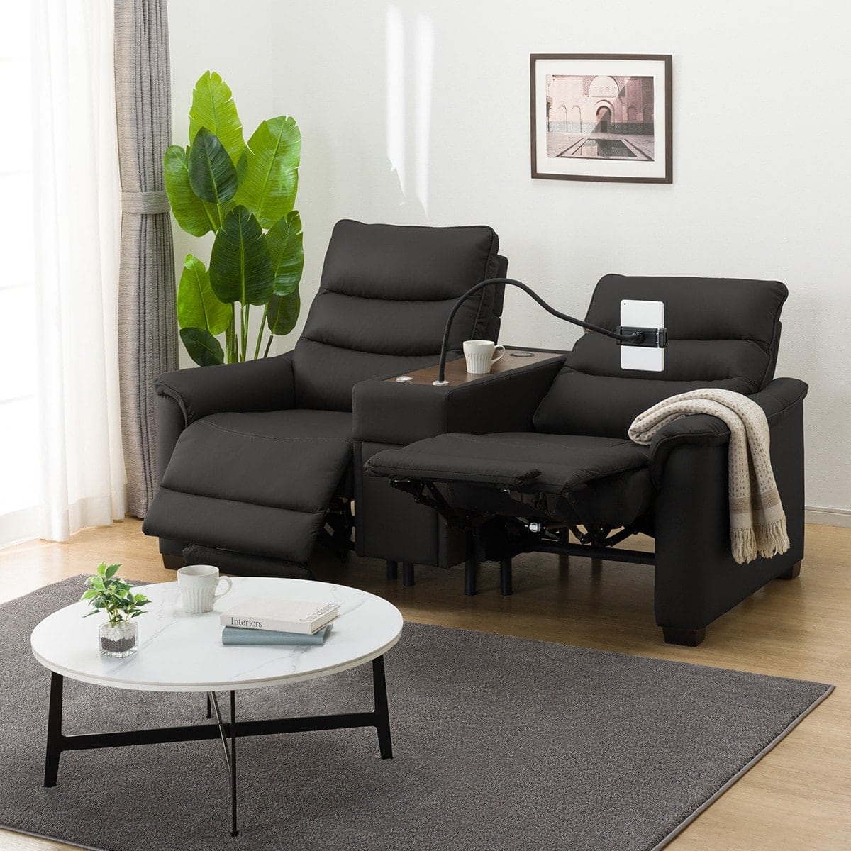 2人掛け電動リクライニングソファ 収納ユニット付き 本革(一部合成皮革