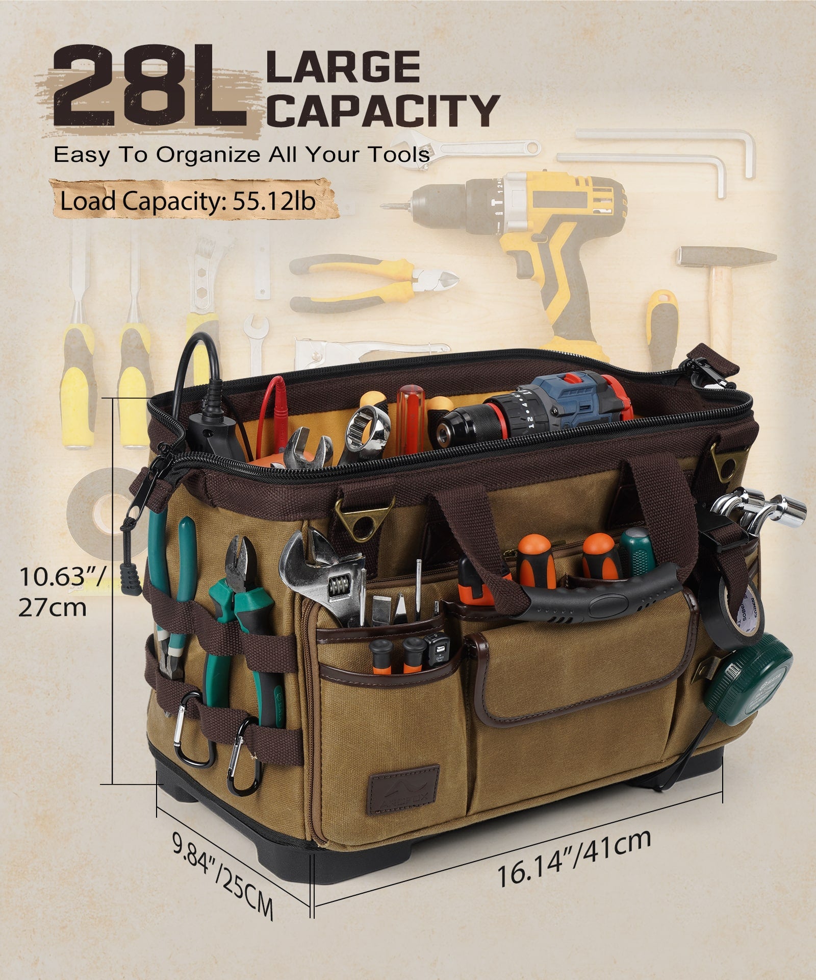 Vintage Waxed Canvas 16 Inch Mechanic Electrician 31 Pockets Tool Bag