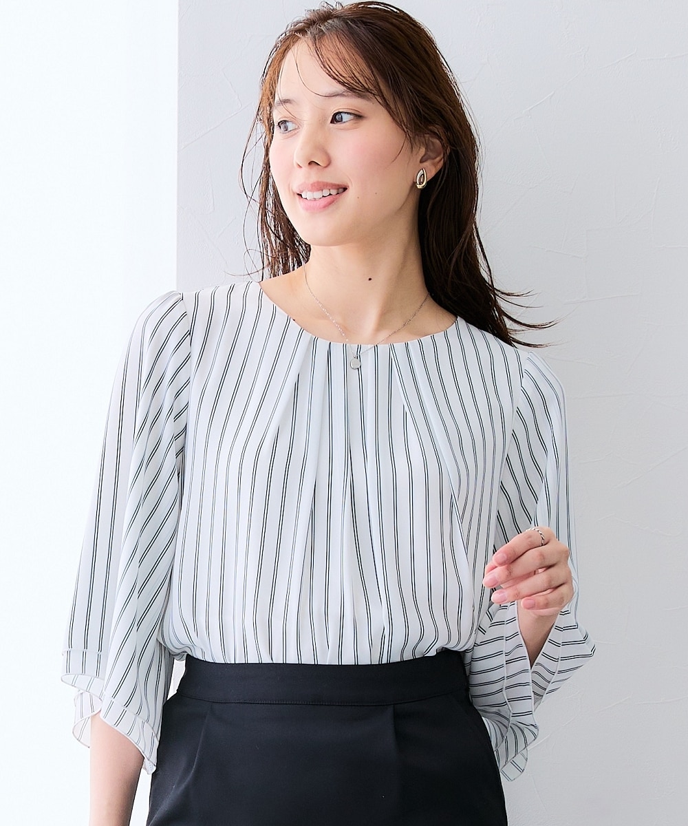 カットソー裏地付】ジョーゼットフレア7分袖ブラウス<大きいサイズ有