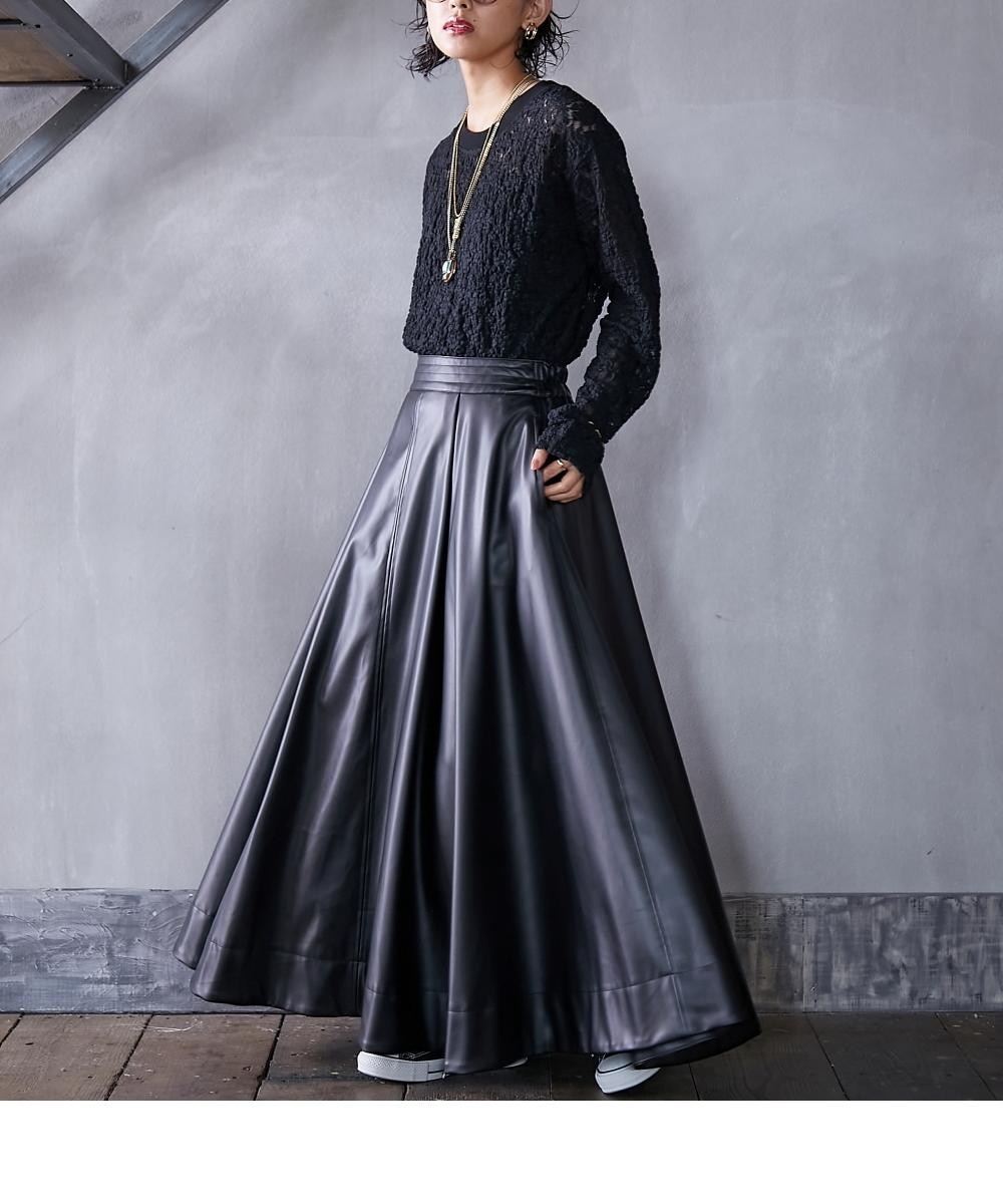 大きいサイズ＞フェイクレザータックフレアマキシスカート GEVS. 通販