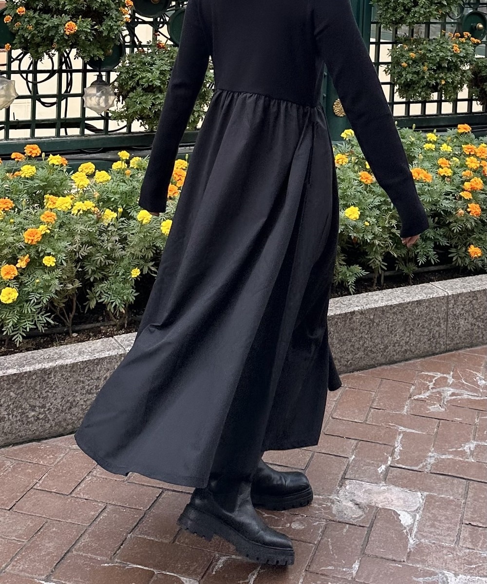 かほこ。さんコラボ】タートルネックニット異素材ドッキングワンピース