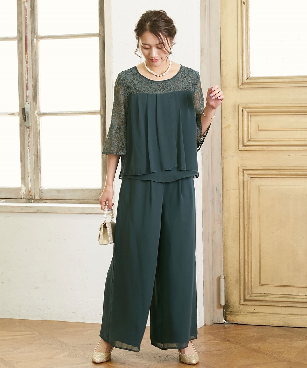 結婚式・パーティードレス】レース切替ブラウス+ワイドパンツ