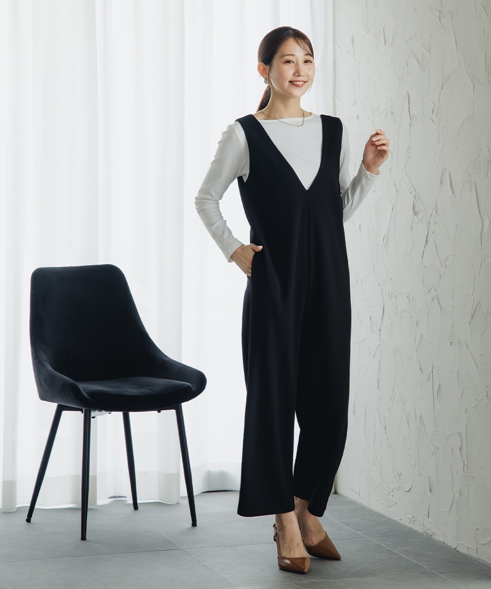 小さいサイズ 深Vワイドオールインワンパンツ 低身長さん・小柄女性