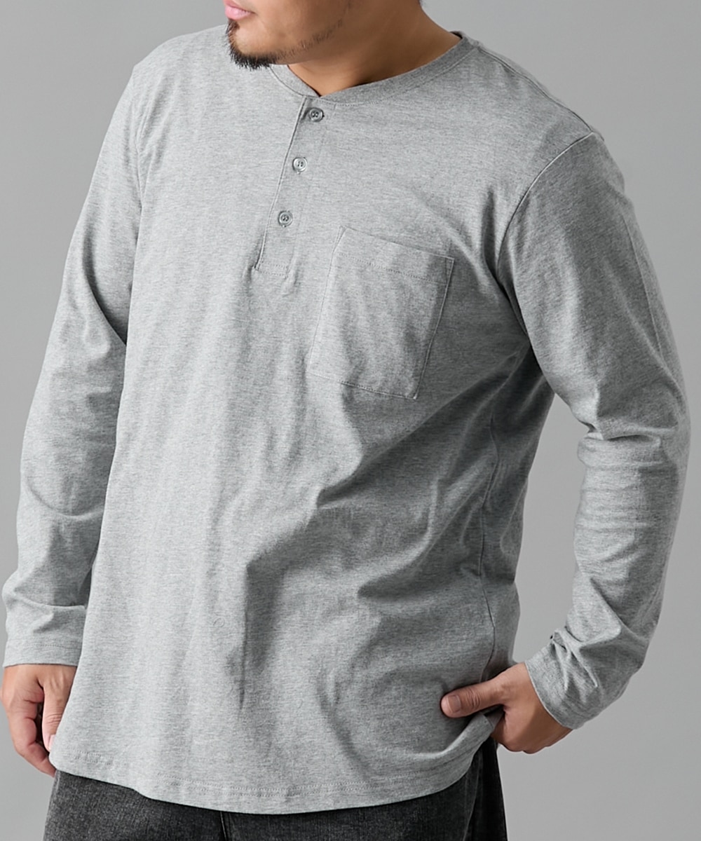 綿100％ポケット付ヘンリーネック長袖Tシャツ（おなかゆったり