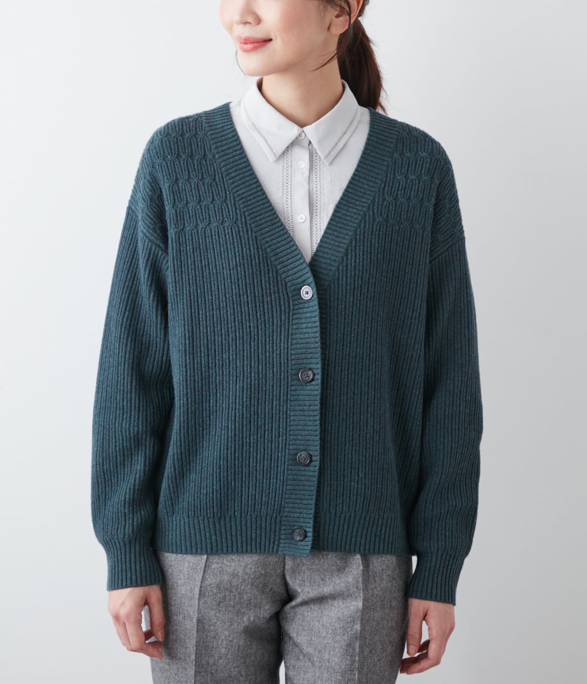L】【手洗い可能】ウールコットン片畔 Vネックカーディガン(54713662