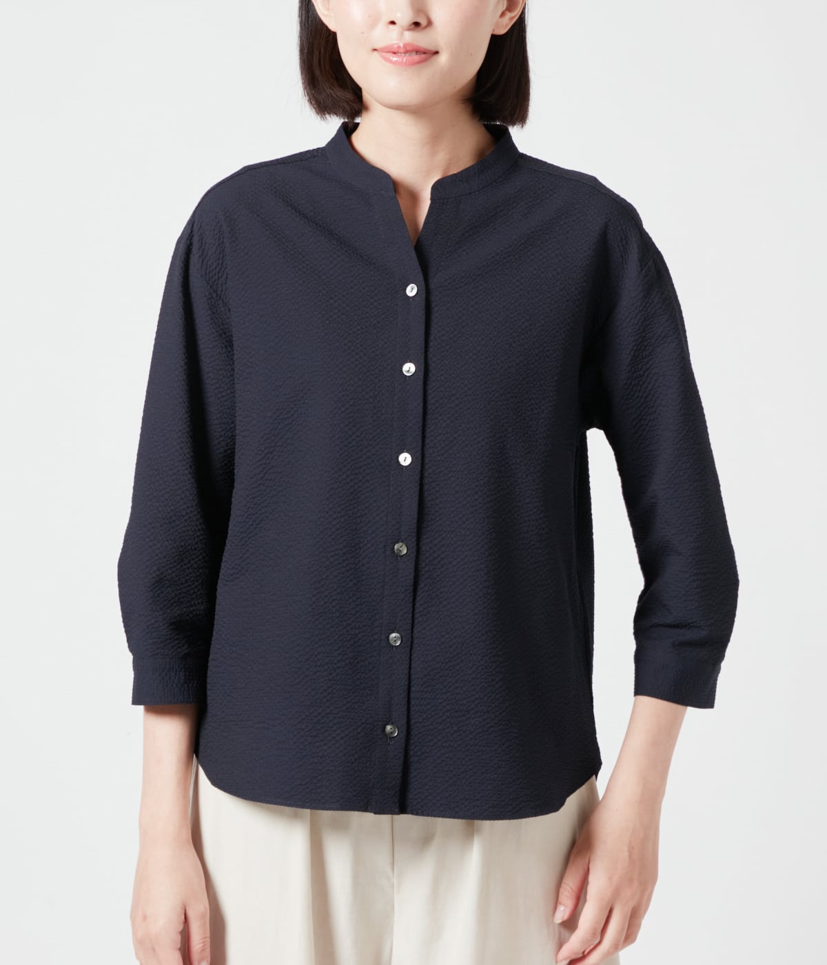 ギンガムサッカースキッパーカラー7分袖シャツ(71643801-2024