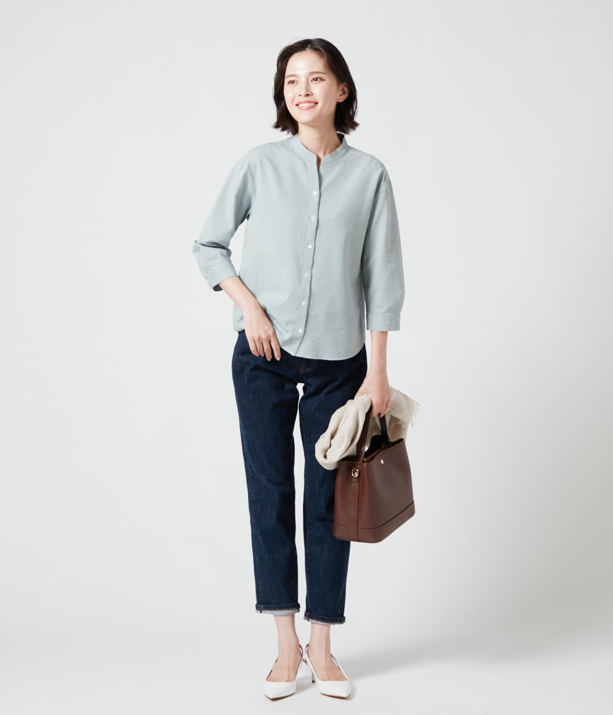 ギンガムサッカースキッパーカラー7分袖シャツ(71643801-2024