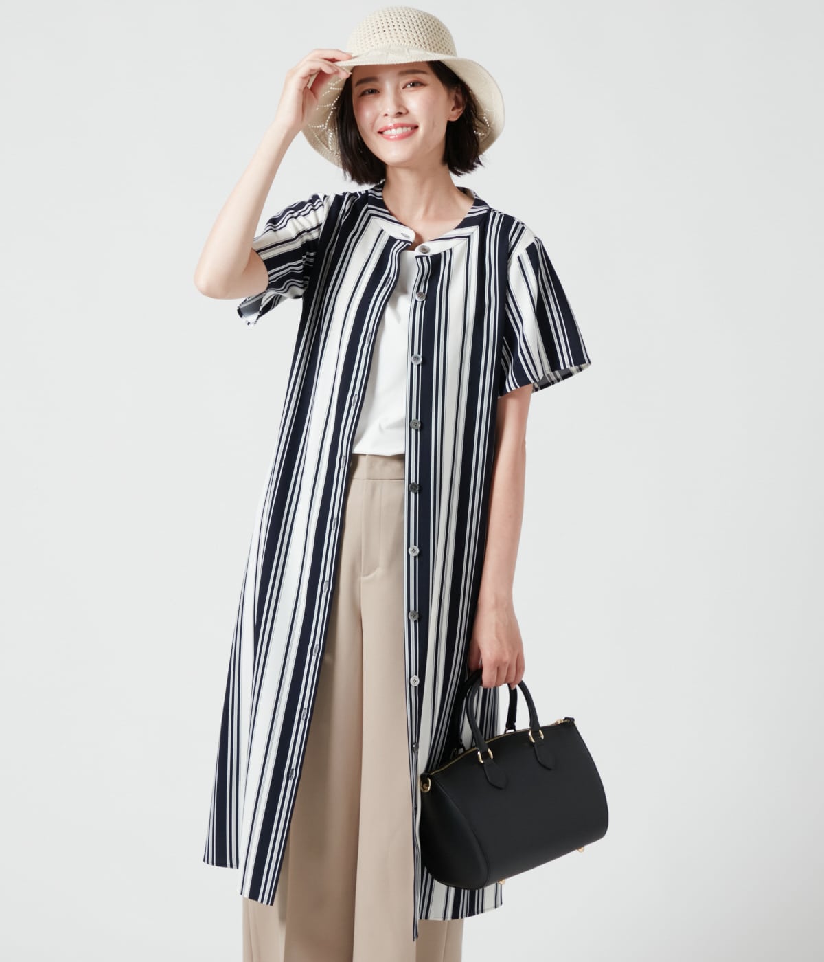 ポリエステルストライプ 前開きワンピース(71452001-2024