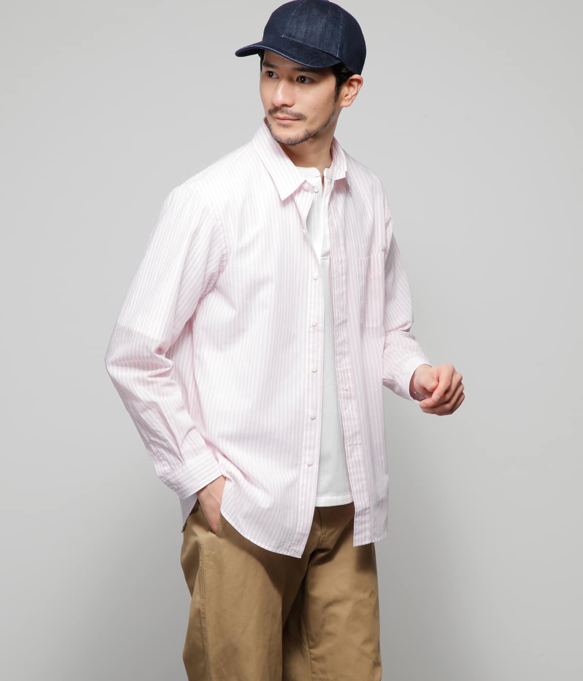 UCT】ピンクストライプ 長袖ボックスシルエットシャツ(85762776-2024