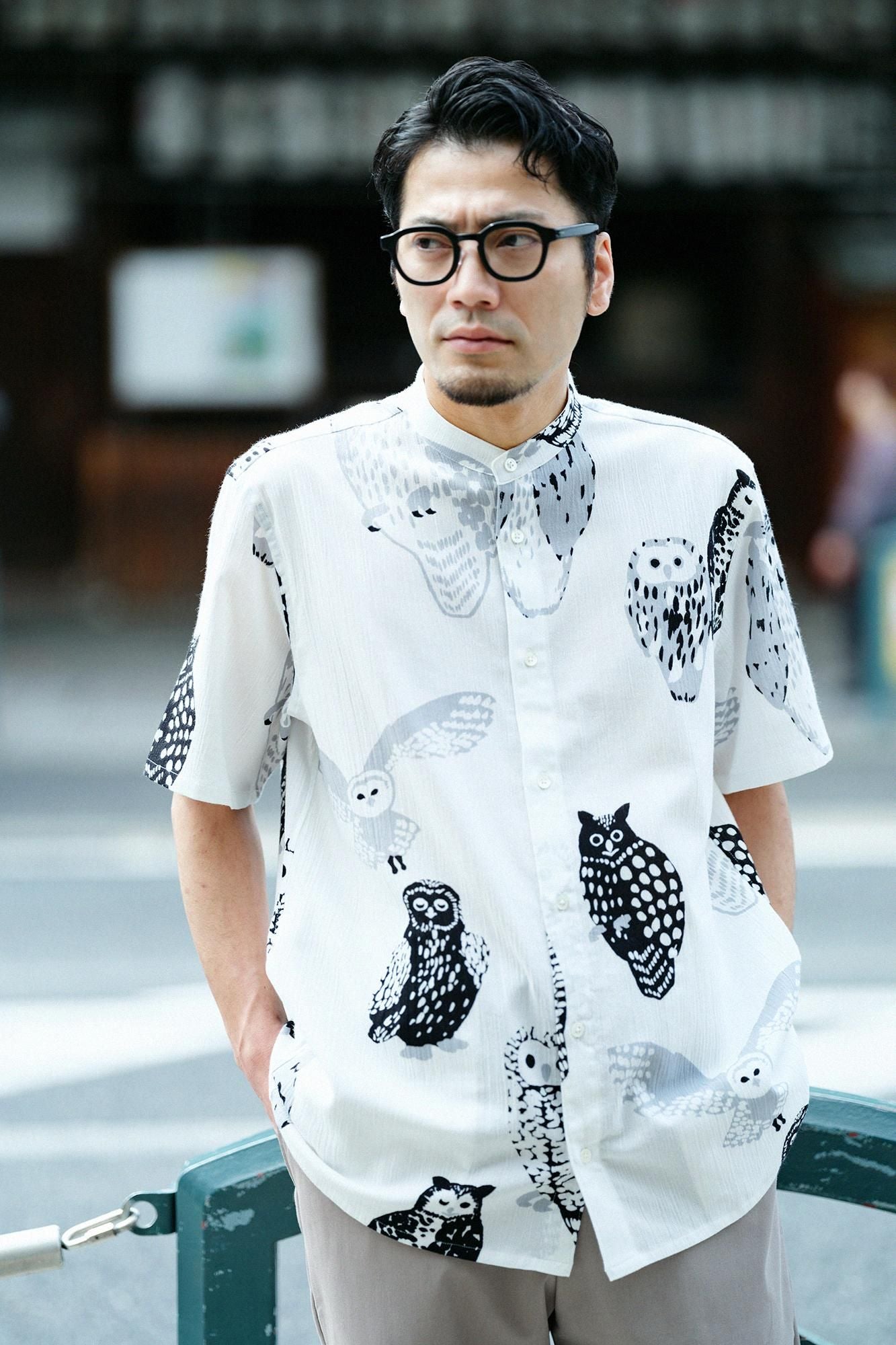 高島縮 20/20 スタンドカラー半袖シャツ SP／ふくろう