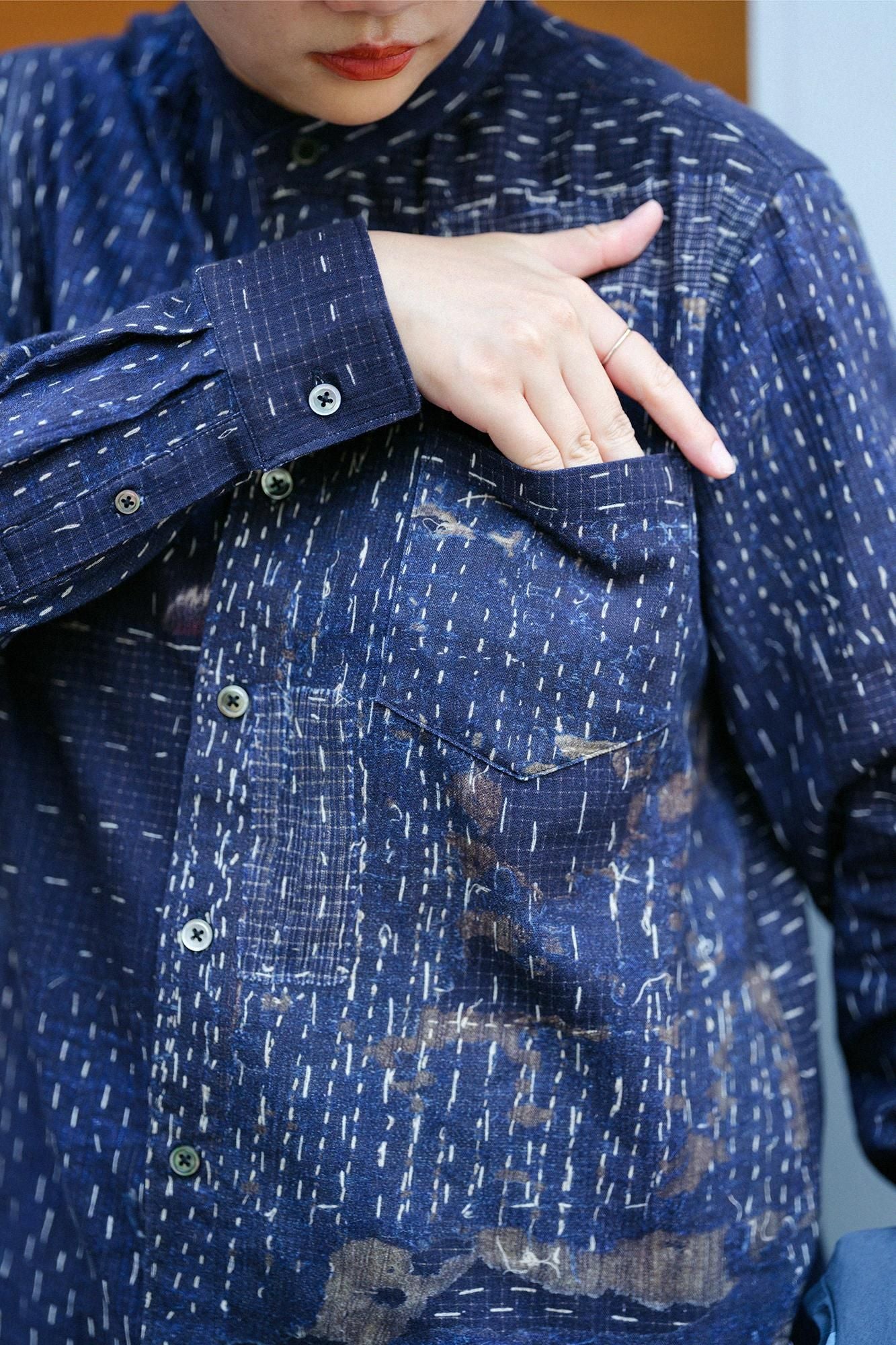 高島縮 20/20 スタンドカラーシャツ／BORO III IJ