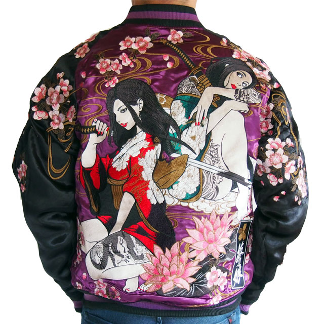 スカジャン 【抜刀娘】妃那×凛 刺繍 リバーシブル パープル/シャンパン