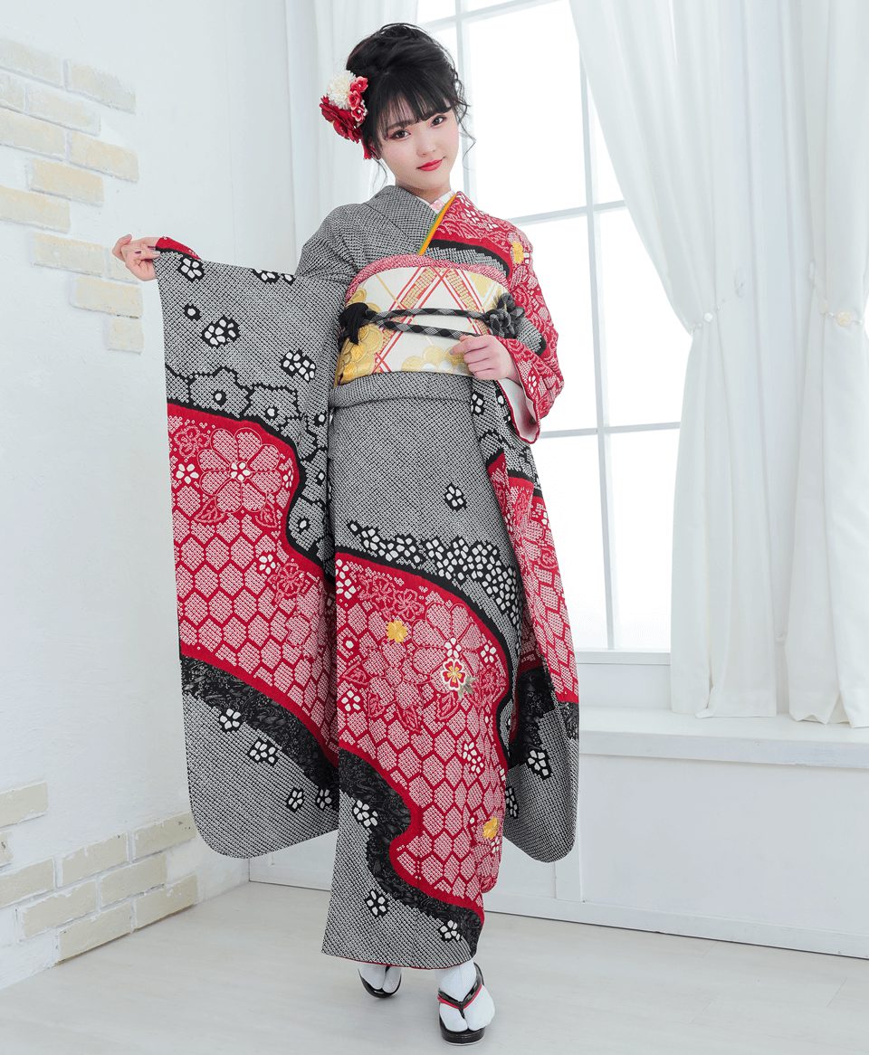 絞り道長赤黒小花[FS0494] | 成人式振袖レンタル京都さがの館