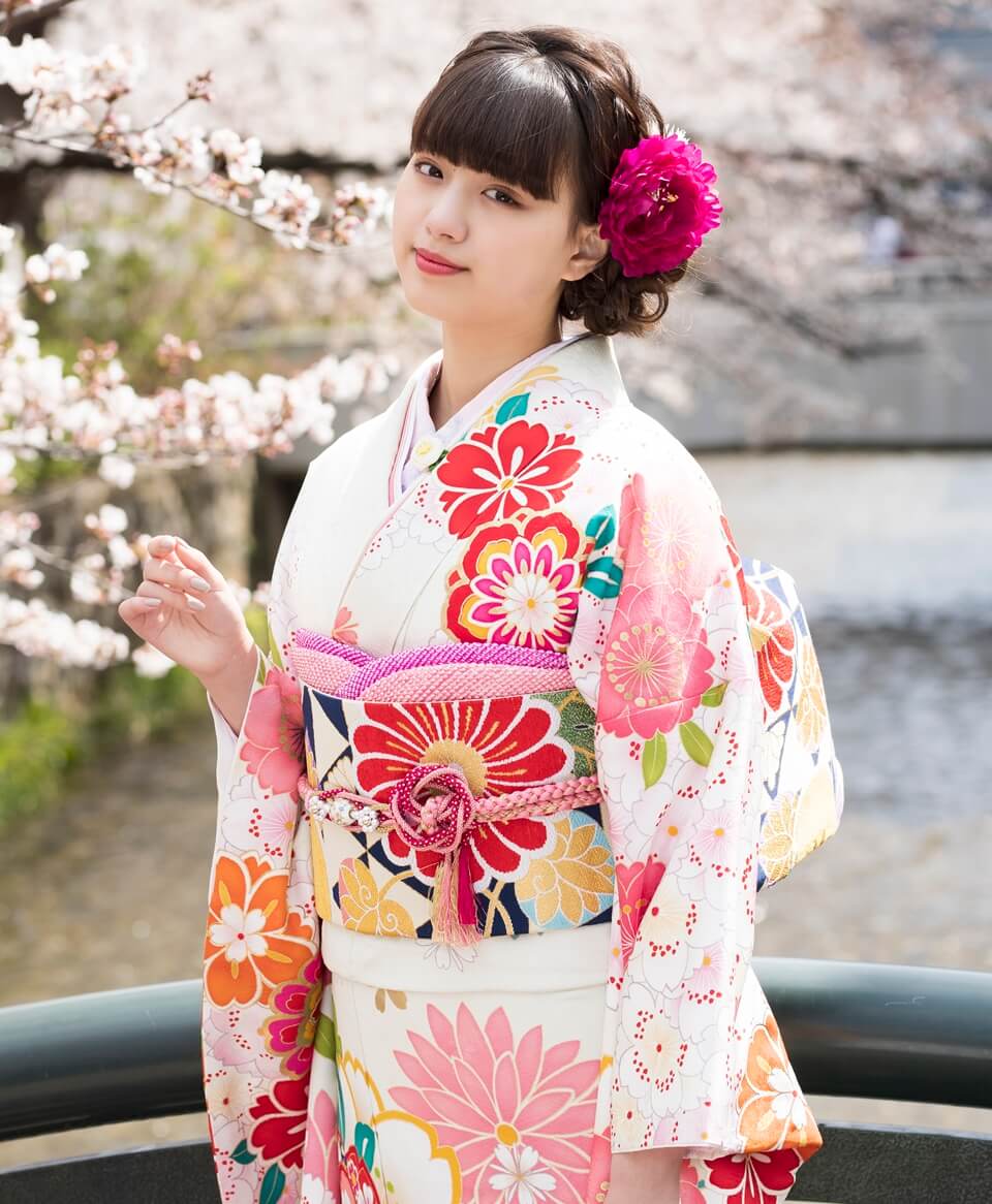 白地ピンク牡丹と桜[FS0954] | 成人式振袖レンタル京都さがの館