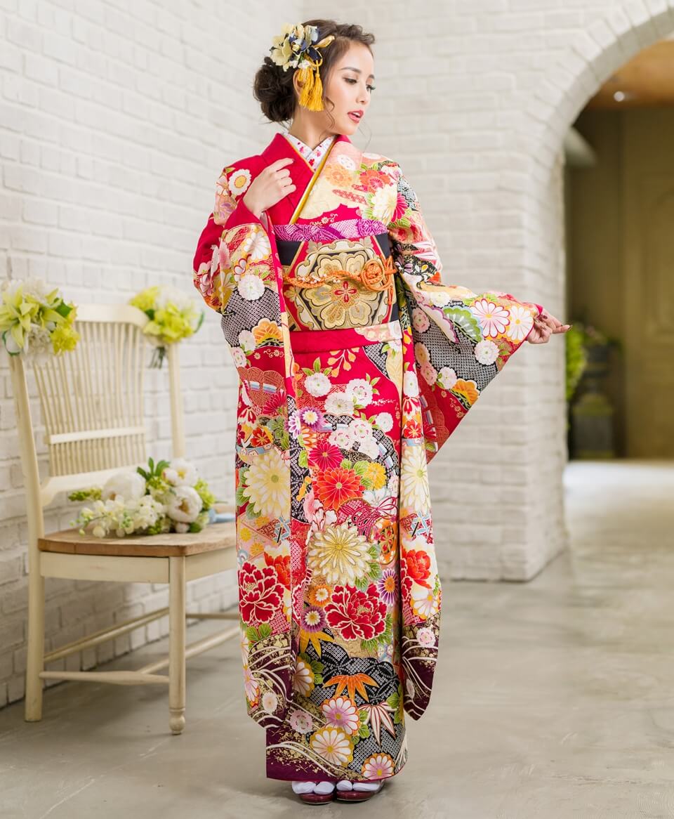 赤地菊と桜に扇[FS0967] | 成人式振袖レンタル京都さがの館