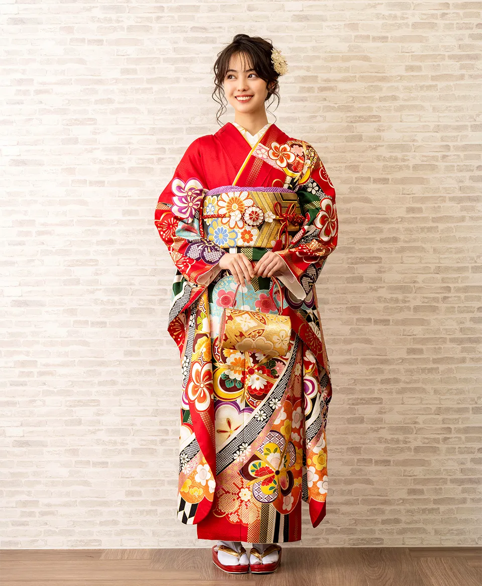 赤地矢羽に捻り梅[FS0893] | 成人式振袖レンタル京都さがの館