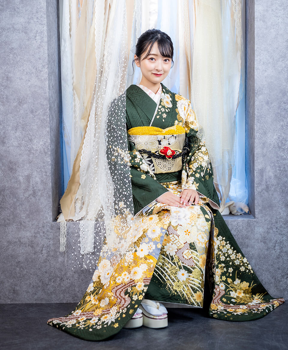 深緑のしめに菊 [FS1162 ] | 成人式振袖レンタル京都さがの館