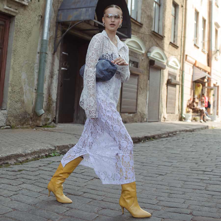 Saint Adella Croco Embossed Yellow Leather Long Boots – SaintG India