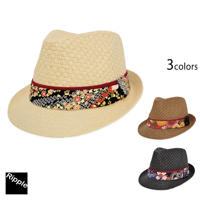 和柄ストローハット リップル 帽子 サマーハット 夏 麦わら 和雑貨