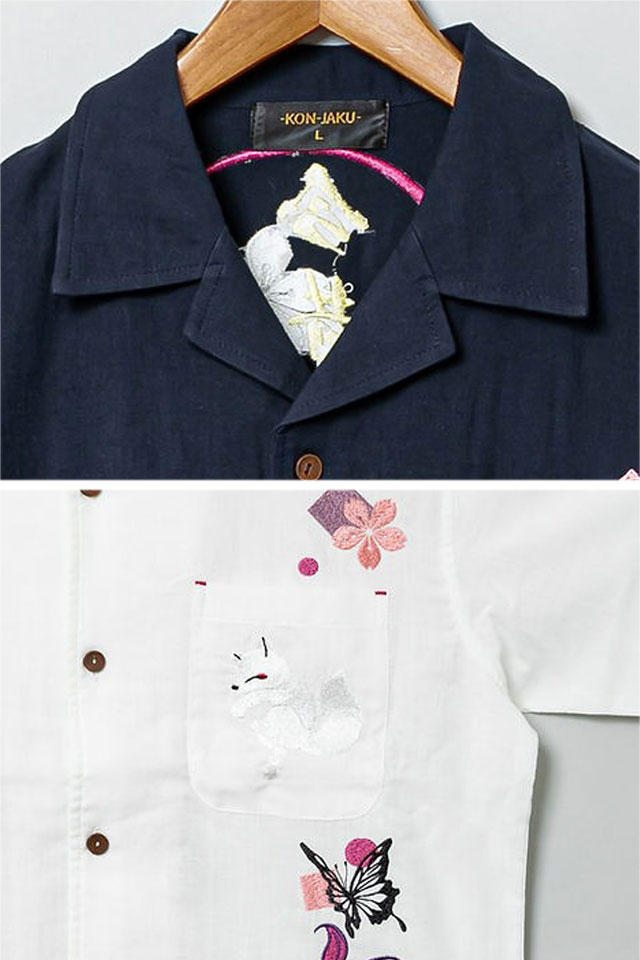 桜花爛漫開襟半袖シャツ 今昔 KJ-29265 和柄 和風 狐 きつね 刺繍 ユニ