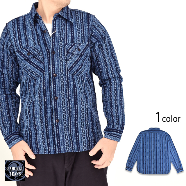 藍刺し子ストライプ長袖シャツ サムライジーンズ SSS25-SKS SAMURAI
