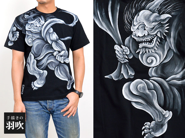 手描き半袖Tシャツ 風神雷神(2) 手描きの羽水 和柄 和風 送料無料 手書き