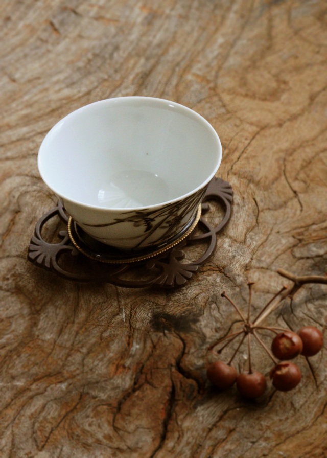 透かし銅製 茶托 引手金具 4枚組 茶器 茶托 煎茶道具 骨董 古玩 民具