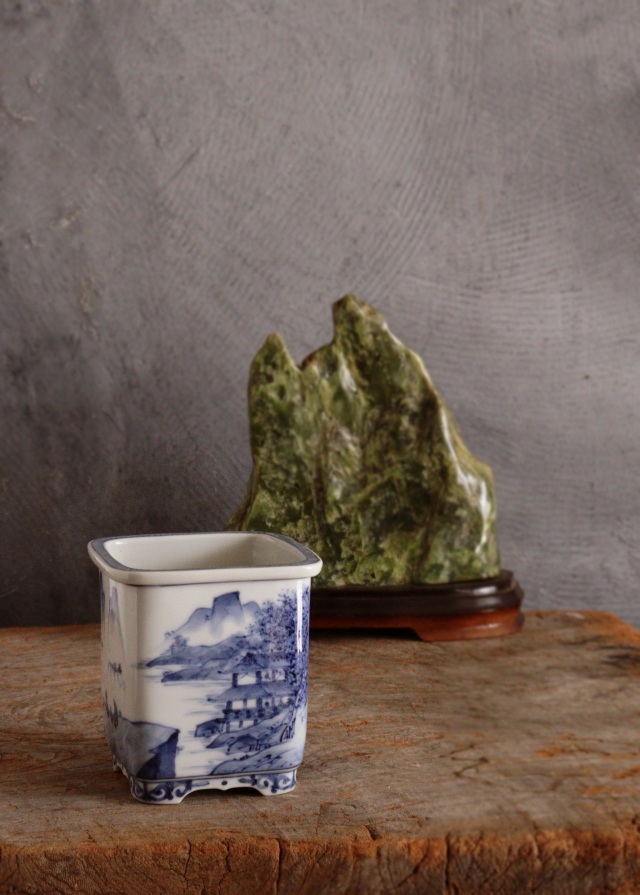 九谷名工 山本長左作 藍九谷 染付 植木鉢 盆栽鉢 筆筒 Sam's Collection