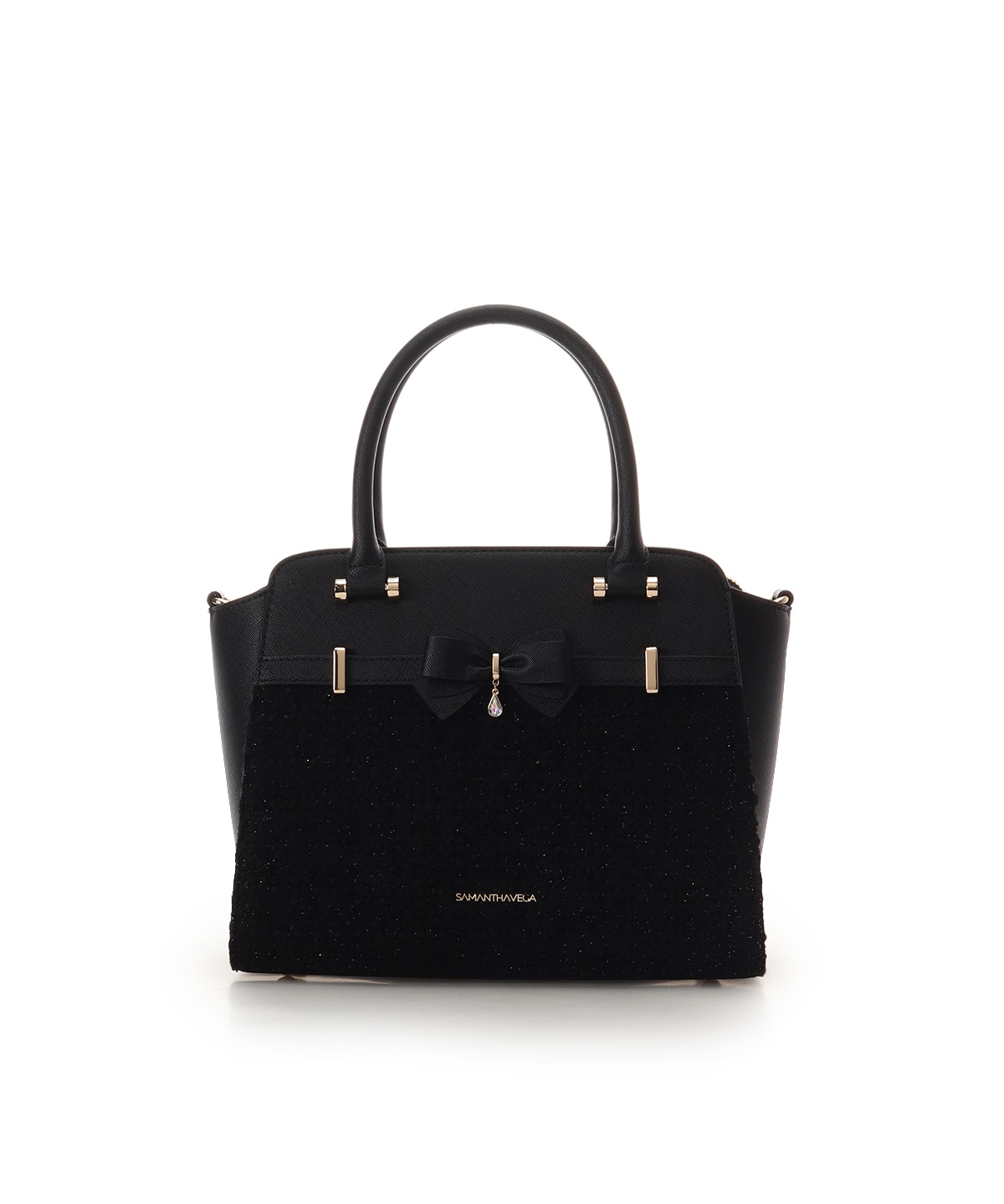ラメツイードアクセントリボンハンドバッグ(FREE ブラック