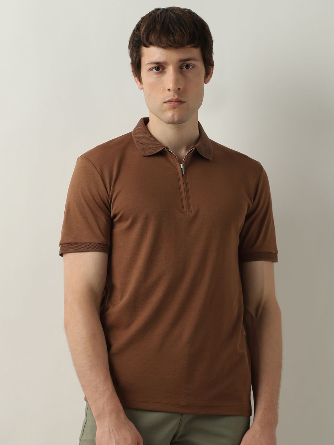 Buy Brown Zip Detail Polo T-shirt for Men Online