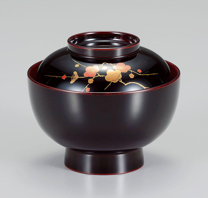 お椀雑煮椀-【手描き蒔絵・磨き蒔絵】越前塗 梅 溜塗（ためぬり）雑煮