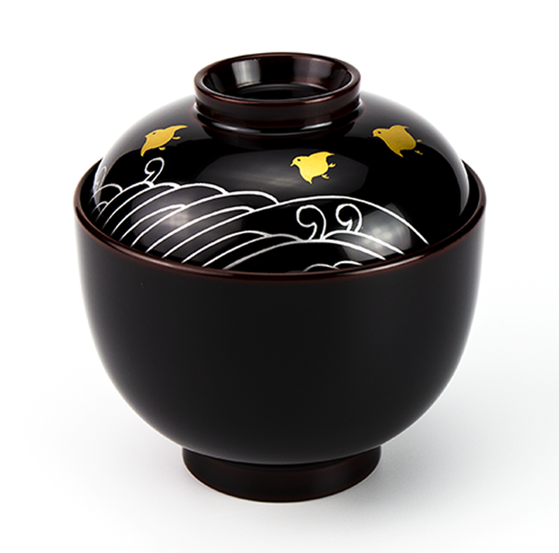 お椀吸物椀小吸椀-【手描き蒔絵・消し蒔絵】越前塗 波千鳥 小吸椀［5客