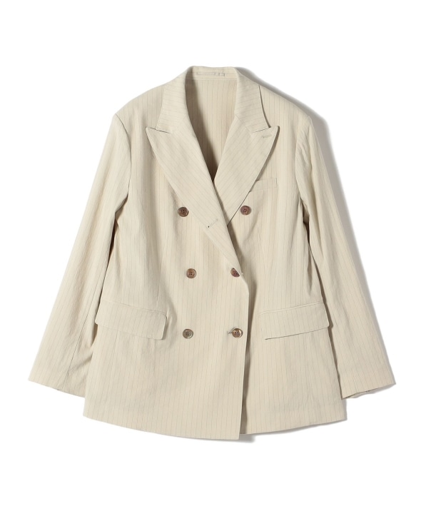 SHIPS Primary Navy Label:麻混 ストライプ ストレッチ ダブル