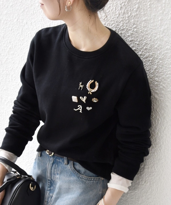 SHIPS any:〈手洗い可能〉裏起毛 ビジュー クルーネック コンパクト