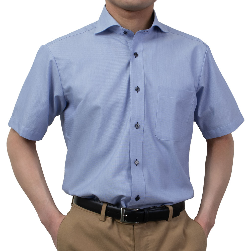 半袖ワイシャツ チェック ブルー ドビー 吸水速乾 エバーフィール SWAN