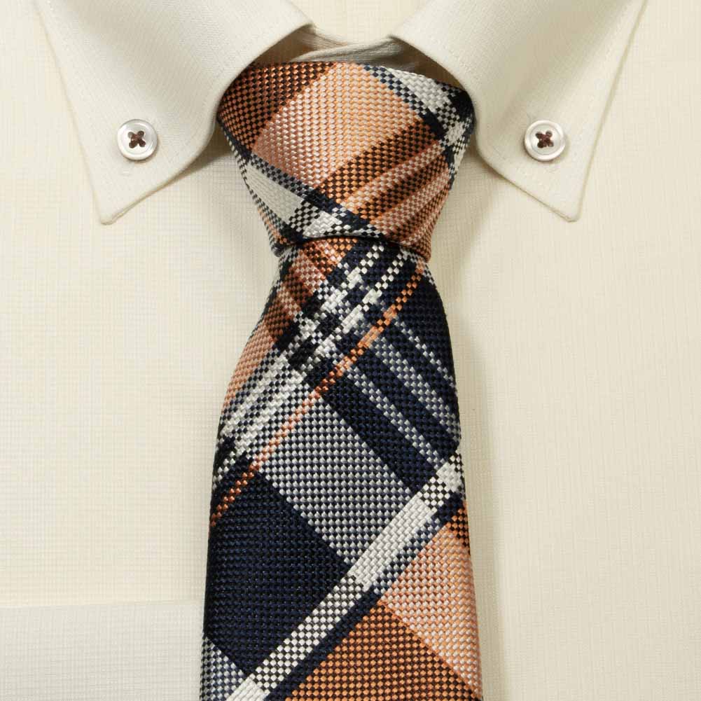 ネクタイ シルク100％ 8センチ オレンジ ネイビー 白 チェック