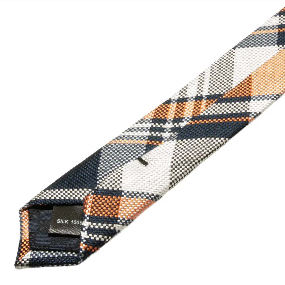 ネクタイ シルク100％ 8センチ オレンジ ネイビー 白 チェック