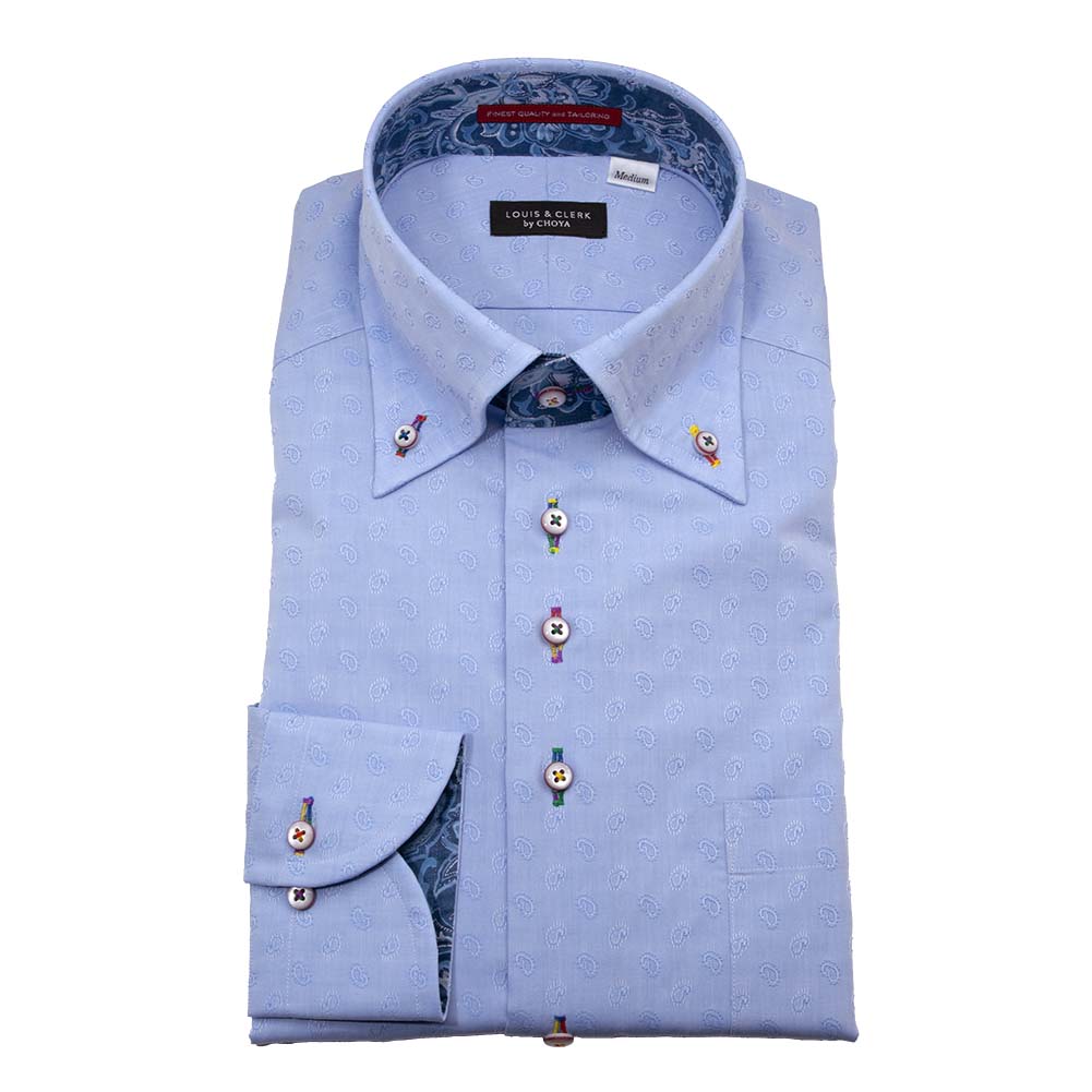 ワイシャツ 花柄 草木、ボタニカル ペイズリー ブルー ジャカード