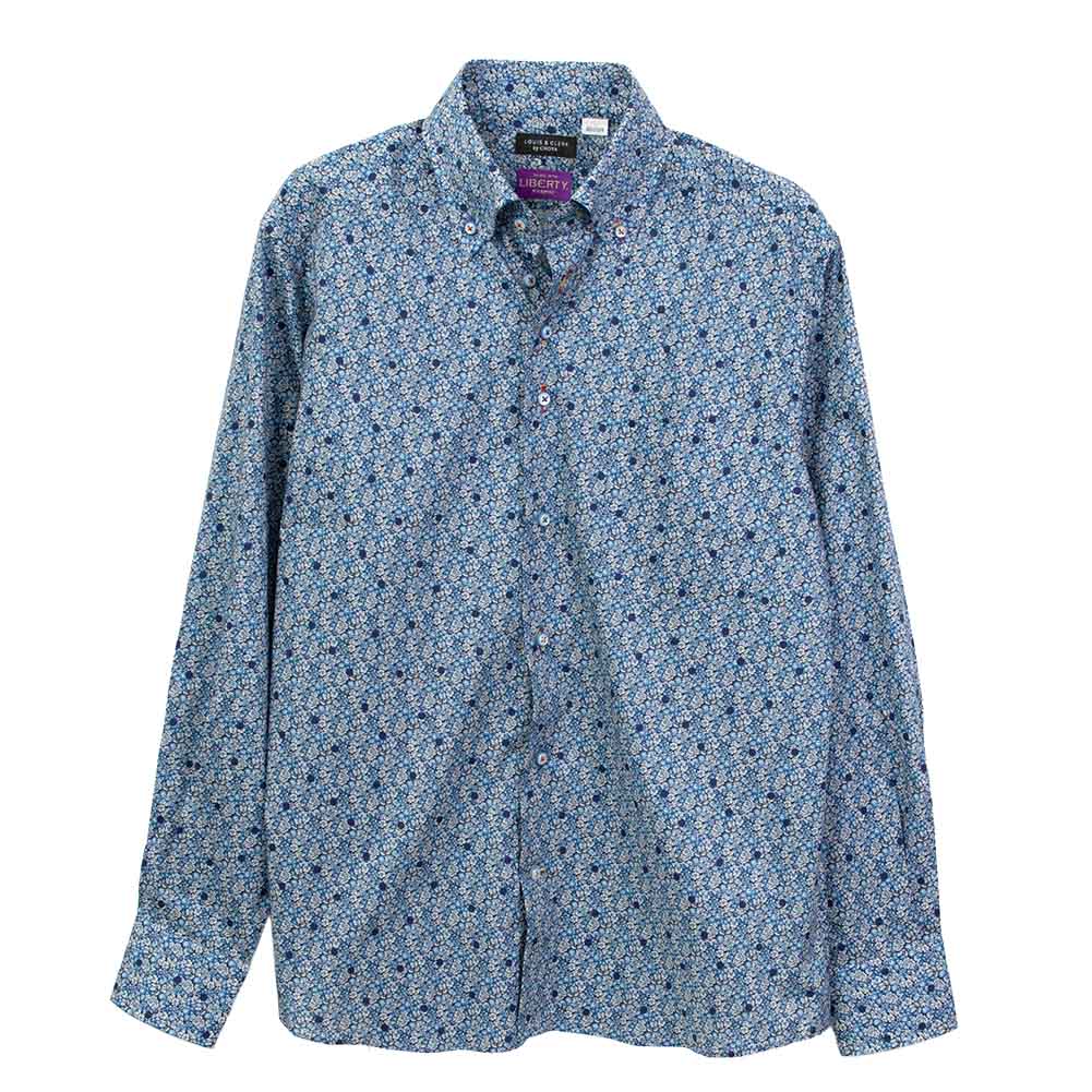 ワイシャツ 花柄 プリント 草木、ボタニカル ブルー LOUIS & CLERK