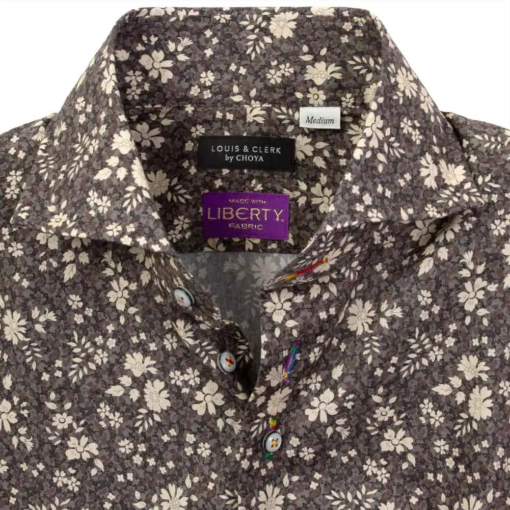 ワイシャツ 花柄 プリント 草木、ボタニカル グレー LOUIS & CLERK