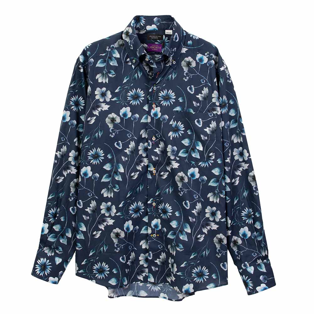 ワイシャツ 花柄 プリント 草木、ボタニカル ブルー LOUIS & CLERK