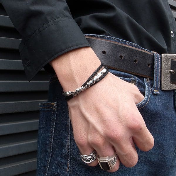 編革レザーブレスレット（ブラック）×シルバー 3重巻き [DB-177]