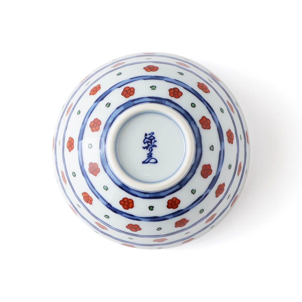 源右衛門窯】 染錦赤梅小紋割飯碗、湯呑4点セット 染錦赤梅小紋割 湯呑